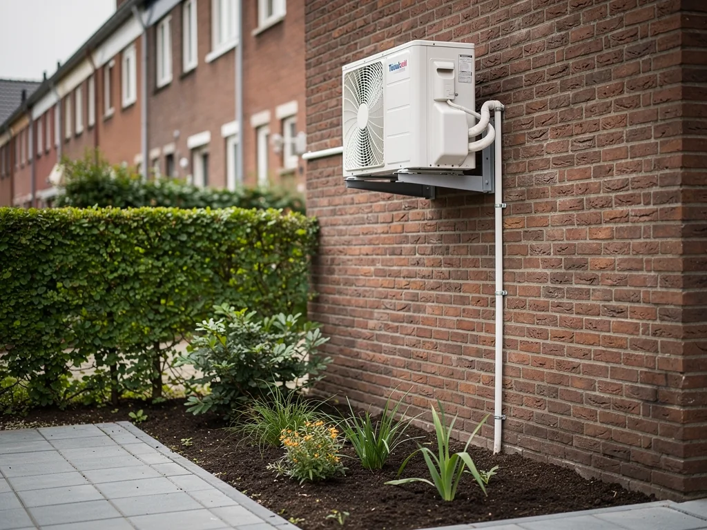 Buitenunit van een airco strak tegen de gevel van een woonhuis