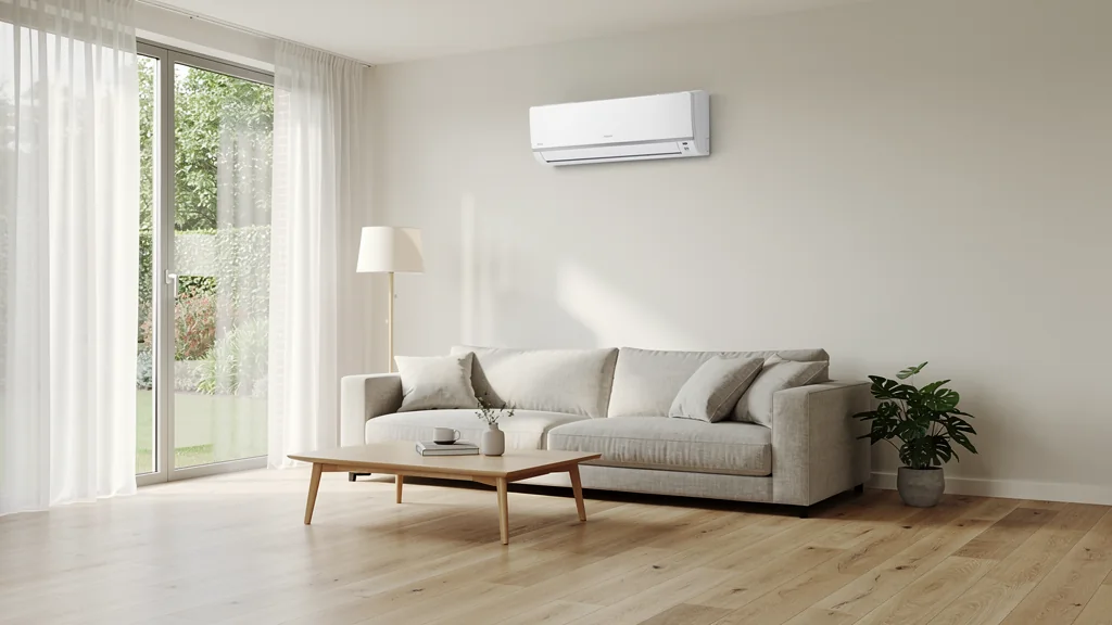 Binnenunit van een airco strak aan de wand in een lichte woonkamer