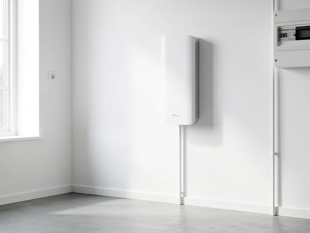 Thuisbatterij netjes gemonteerd aan de wand van een bijkeuken