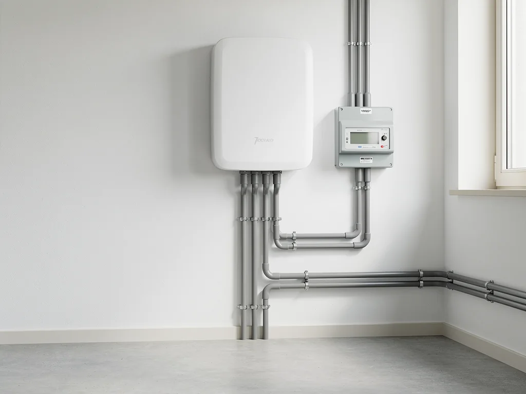 Thuisbatterij aan de muur in een opgeruimde technische ruimte