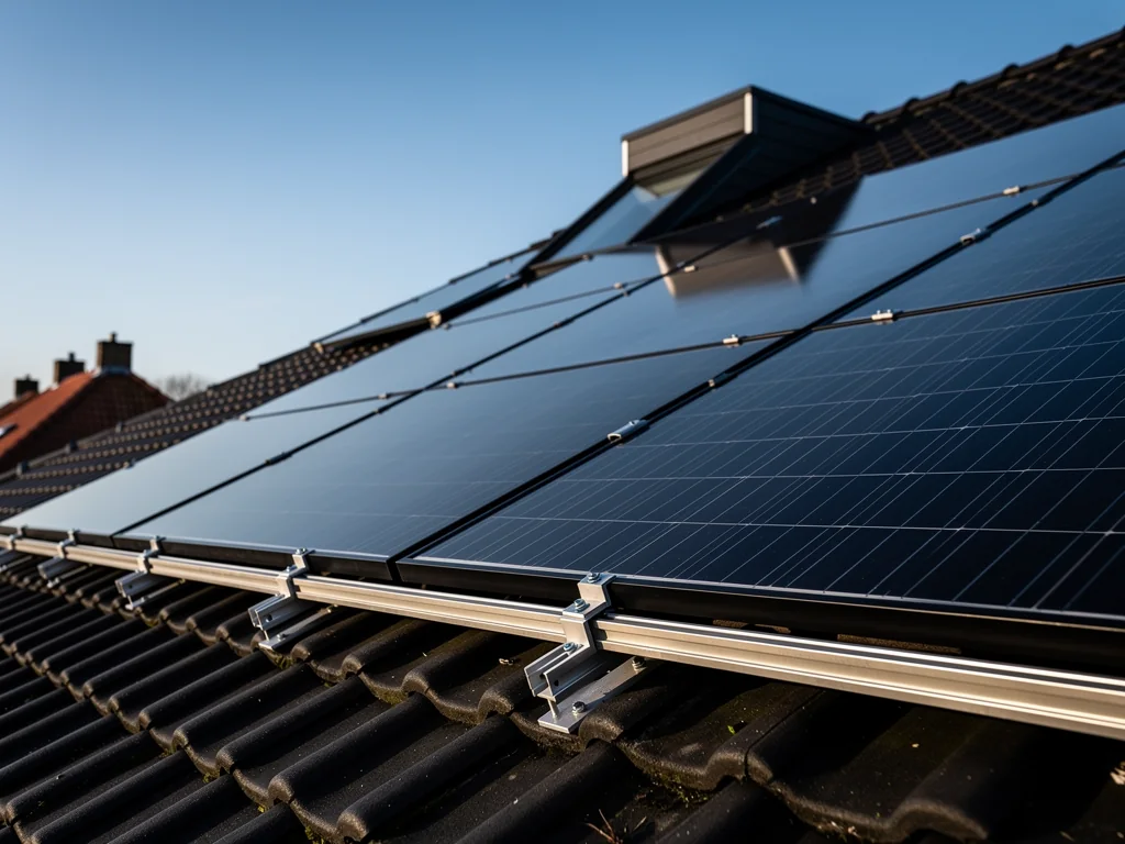 Zonnepanelen op het schuine pannendak van een Nederlandse woning