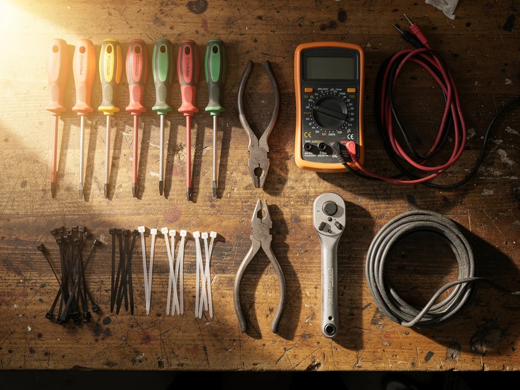 Gereedschap van een installateur uitgelegd op een houten werkbank