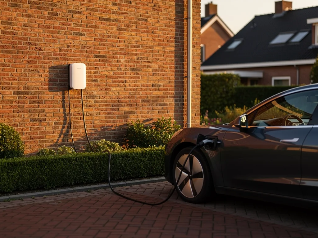Laadpaal op de oprit van een woning met een auto aan de laadkabel