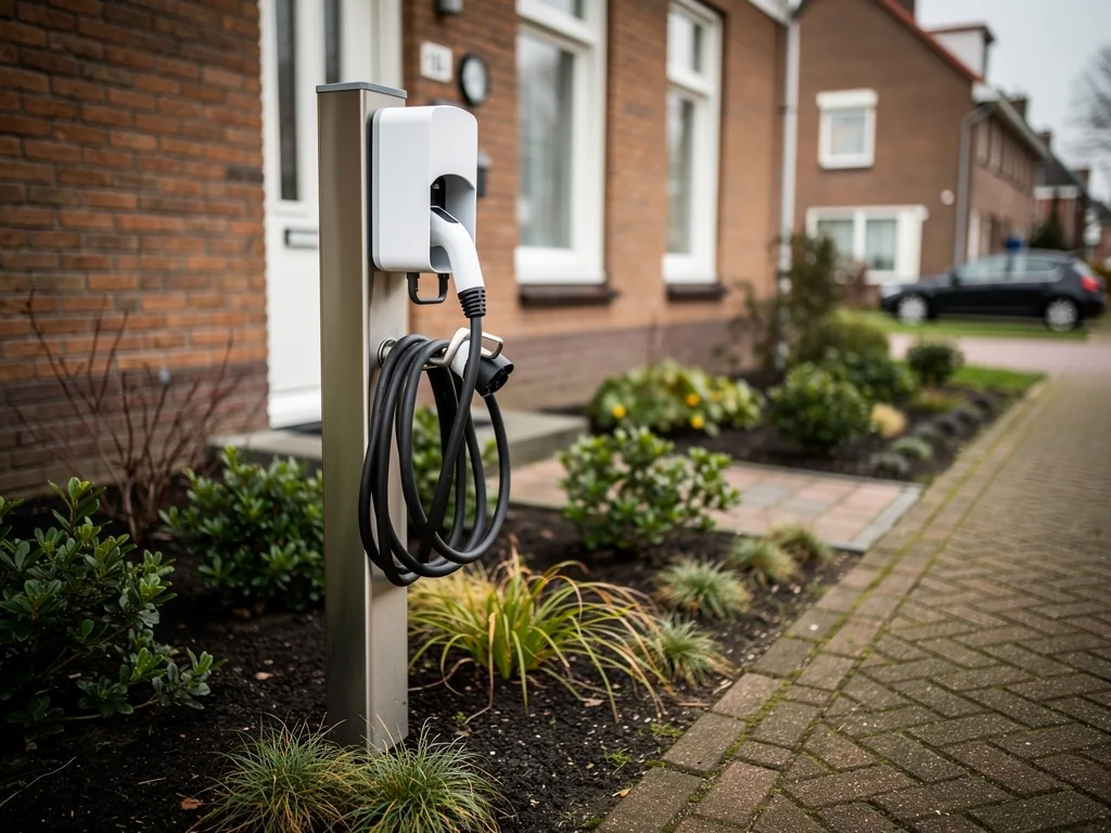 Laadpaal op een oprit naast een woning, met de laadkabel opgehangen