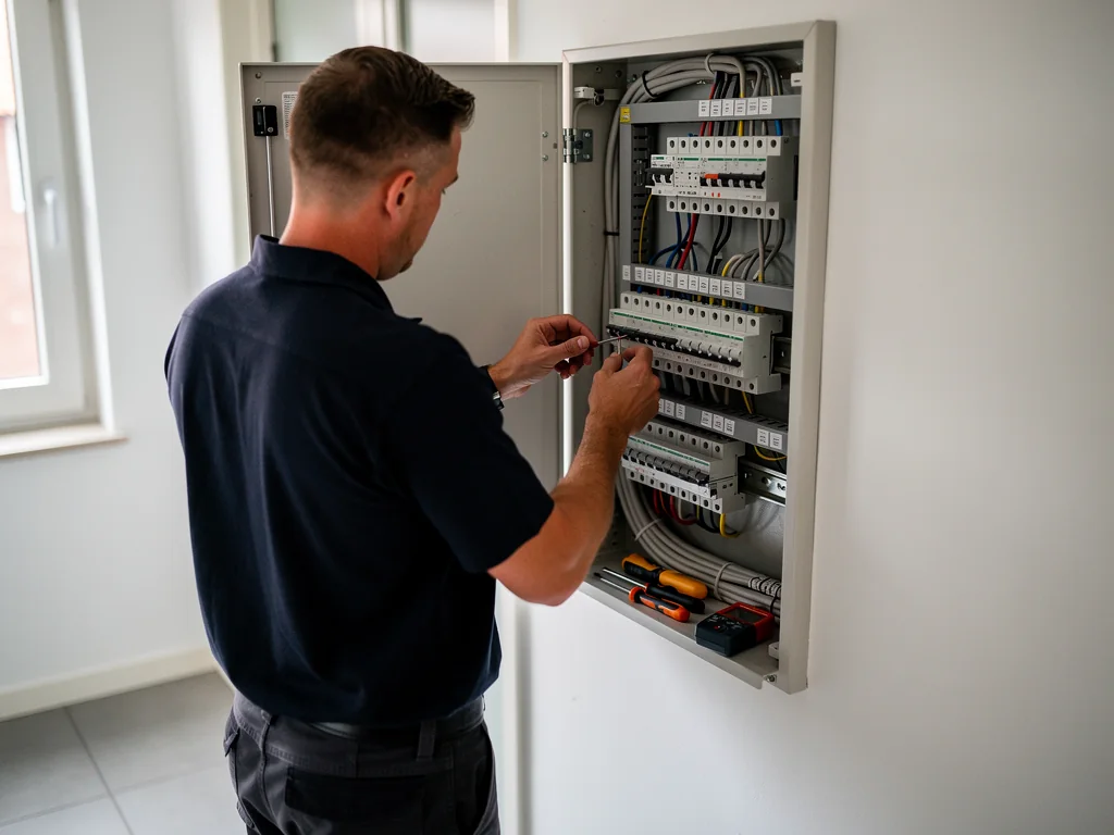Installateur die de groepenkast van een woning nakijkt