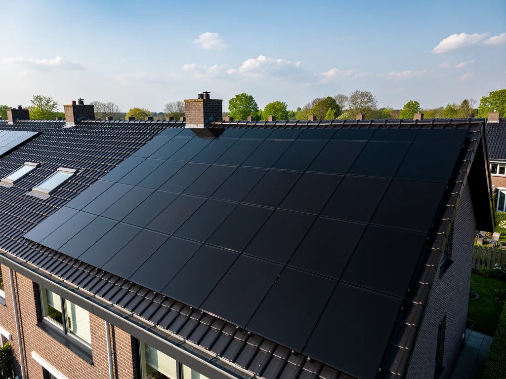 Rij zonnepanelen op een dak, klaar opgeleverd