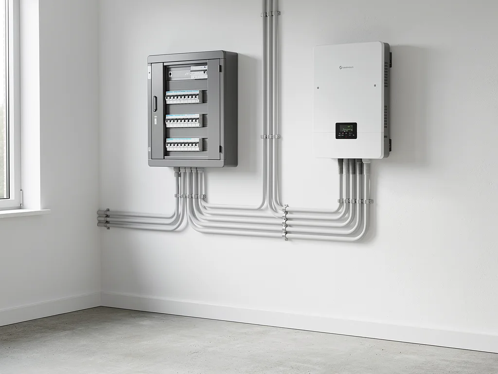 Omvormer van een zonnepaneelinstallatie tegen een muur gemonteerd